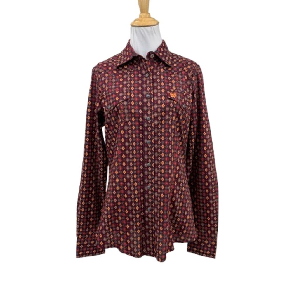 Cinch Shirt Womens M Medium Raisin Pearl Snaps Mustard Print Long Sleeve Western
